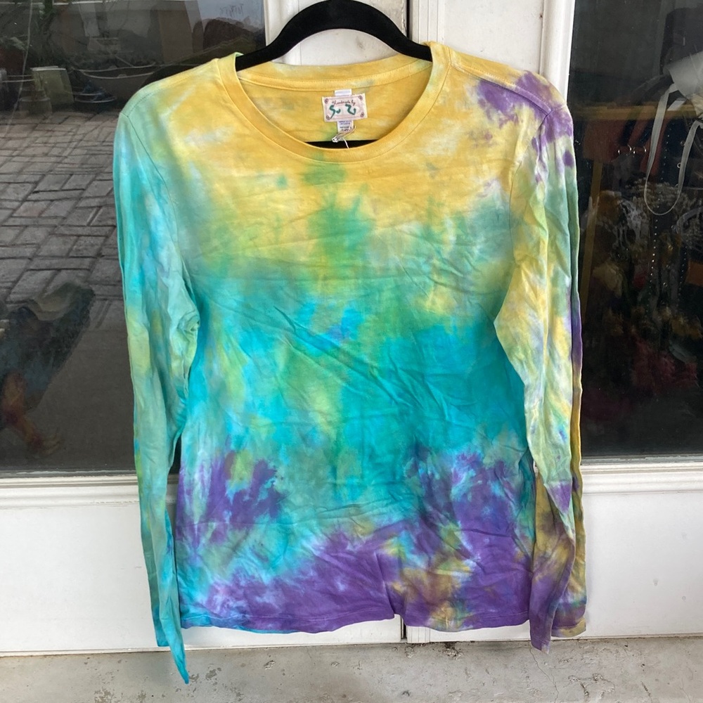 Hand Crafted Tie-Dye Long Sleeve Tee - Yellow, Teal & Purple - Picture 3 of 5